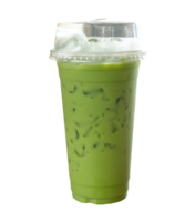 Cold drink of iced matcha latte green tea with condensed milk in transparent plastic drinking glass isolated with clipping path in file format png