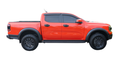 Side view of red or dark pink pickup truck isolated with clipping path in file format png