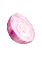 Side view of fresh red or purple onion bulb in half or slice in circle shape isolated with clipping path in file format png