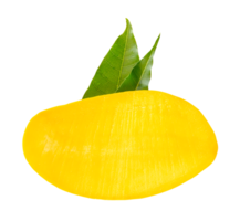 A half of ripe yellow mango fruit with green leaves isolated with clipping path in file format png
