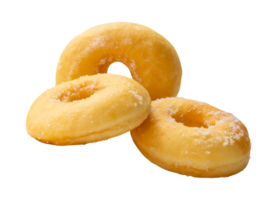 Three sugar glazed cinnamon donuts in stack isolated with clipping path in file format png
