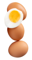 A group of raw brown chicken eggs and cooked or boiled chicken egg with egg yolk in half in pile or stack isolated with clipping path in file format png