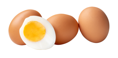 Front view or top view of raw brown chicken eggs and cooked or boiled chicken egg with egg yolk in half in pile or stack isolated with clipping path in file format png