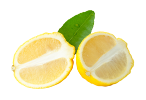 Front view of ripe yellow lemon fruit or slices in two ellipse or oval halves with green leaf isolated with clipping path in file format png
