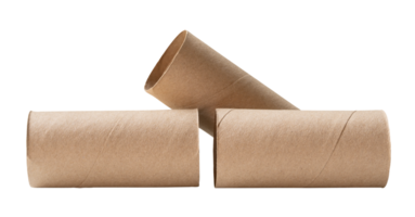 Three tissue paper cores or toilet paper tubes in pile after used out in toilet or restroom isolated with clipping path in file format png