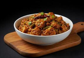 A bowl of curry with vegetables and spices on a wooden board photo