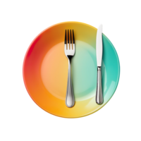 modern color plate with fork and knife, top view isolated on transparent background png