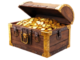 Open Pirate Treasure Chest Overflowing with Gold isolated on transparent background png