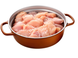 Pieces of raw chicken meat in a saucepan isolated on transparent background png