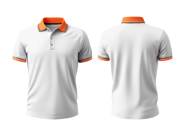 plain white polo shirt mockup design. with an orange collar. front and back view isolated on transparent background png