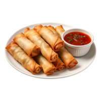 plate of spring rolls with dipping sauce isolated on transparent background png