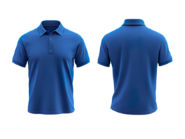 plain blue polo t-shirt mockup design, front and back view isolated on a transparent background png