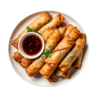 plate of spring rolls with dipping sauce isolated on a transparent background png