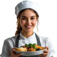 Portrait of a happy smiling waitress and food service woman isolated on transparent background png