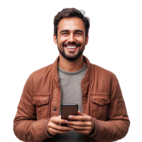Portrait of a happy man using mobile phone isolated on transparent background png