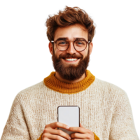 Portrait of a happy man using mobile phone isolated on a transparent background png