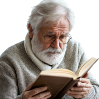 Portrait of a senior man reading a book isolated on a transparent background png