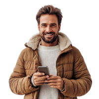 Portrait of a smiling man using mobile phone isolated on transparent background png