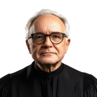 Portrait of senior judge in black gown and eyeglasses isolated on transparent background png
