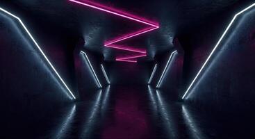 A dark tunnel with neon lights and a curved wall photo
