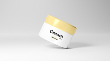 A cream container with a white label on it psd