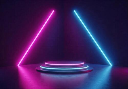 Neon lights in a dark room with a stage photo