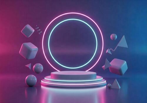 3d rendering of a neon sign with cubes and spheres photo
