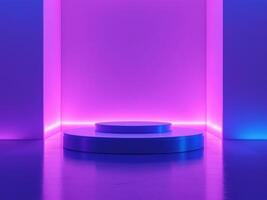 A purple and blue room with a stage and a light photo