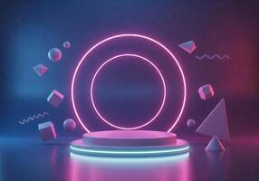 3d rendering of neon lights and a stage with a neon sign and various shape pink and blue photo