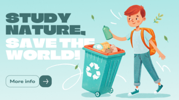 Horizontal template digital banner on an eco theme with a hand-drawn illustration of a student recycling garbage psd
