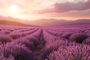 Lavender fields in full bloom with mountain backdrop. Neural network photo