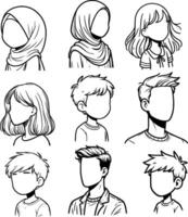 Collection of avatar illustrations for mobile UI. Male and female user profile images in cartoon outline style. portraits of anonymous users. vector