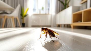 Cockroach explores a modern living room during daylight in a bright and tidy environment with sunlight streaming through the windows photo
