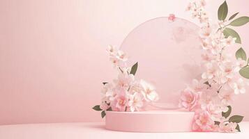 Elegant floral arrangement with delicate blossoms and a circular display backdrop on a soft pink surface photo