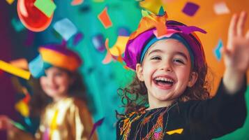 Children celebrate with joyful expressions and colorful confetti during a festive gathering in a vibrant setting, creating a lively and enchanting atmosphere photo