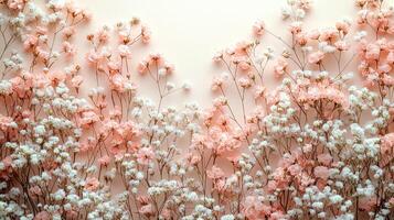 Delicate arrangement of pink and white flowers creating a serene wall backdrop in a soft light setting photo