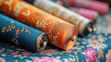 Colorful spools of thread on an ornate fabric during a meticulous sewing project in a creative workspace photo