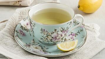 Inviting closeup of a pastel teacup with floral pattern and lemon on linen napkin filled with green tea in cozy afternoon setting photo