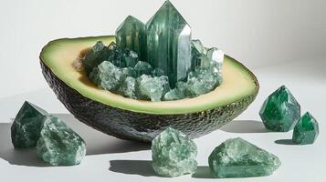 Unique avocado displays a collection of green jade crystals inside showcasing a striking contrast of smooth flesh and sharp gems photo