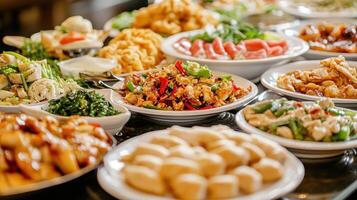 Diverse array of colorful dishes displayed on tables at a bustling buffet during a festive gathering in an inviting restaurant setting photo