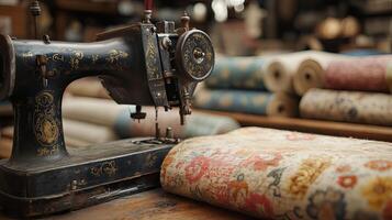 Old sewing machine beside colorful fabric rolls and sewing thread in a vintage workshop creating a nostalgic atmosphere photo