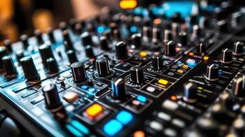 Close-up of a music mixing console showcasing various knobs and buttons used for mixing tracks at a recording studio during a late night session photo