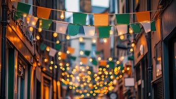 Colorful string lights and festive flags create a lively atmosphere in a narrow street during a celebration in the evening photo