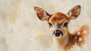 Young deer with soft fur and gentle eyes looks curiously at the viewer in a serene, natural setting, showcasing its innocence and beauty amid a blurred background photo