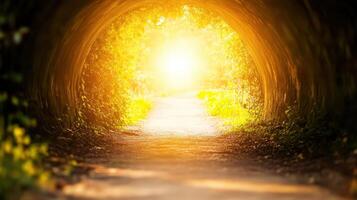 Sunlight streaming through a tree-lined tunnel illuminating a serene pathway in a tranquil forest setting photo