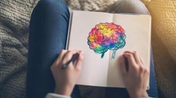 Creative expression through colorful brain sketching on a cozy blanket in a well-lit room during a serene afternoon photo
