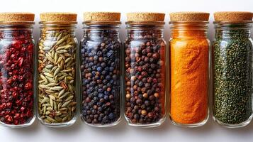 A vibrant selection of various spices displayed in elegant glass jars against a clean white background, perfect for culinary inspiration and creativity photo