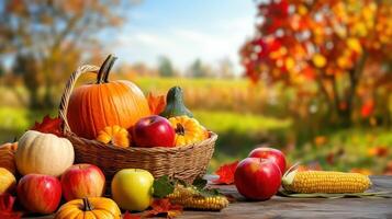 Colorful autumn harvest on a table featuring pumpkins, apples, and corn with a blurred backdrop of trees and a bright blue sky photo