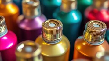 Brightly colored bottles of paint arranged closely together create a vibrant display in an arts and crafts studio during daytime photo