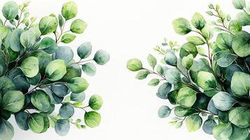 Fresh green foliage with soft gradients and delicate branches arranged artistically on a clean white background photo